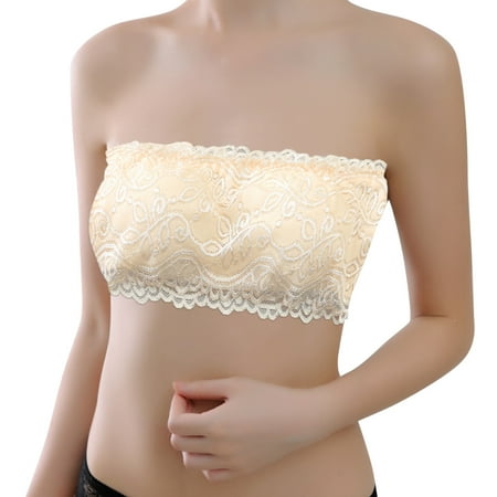 

JDEFEG Summer Crop Tops for Women Womens Padded Bandeau Bra Wire Strapless Convertible Bralettes Basic Layer Top Bra Cactus Bikini Lace Beige One Size