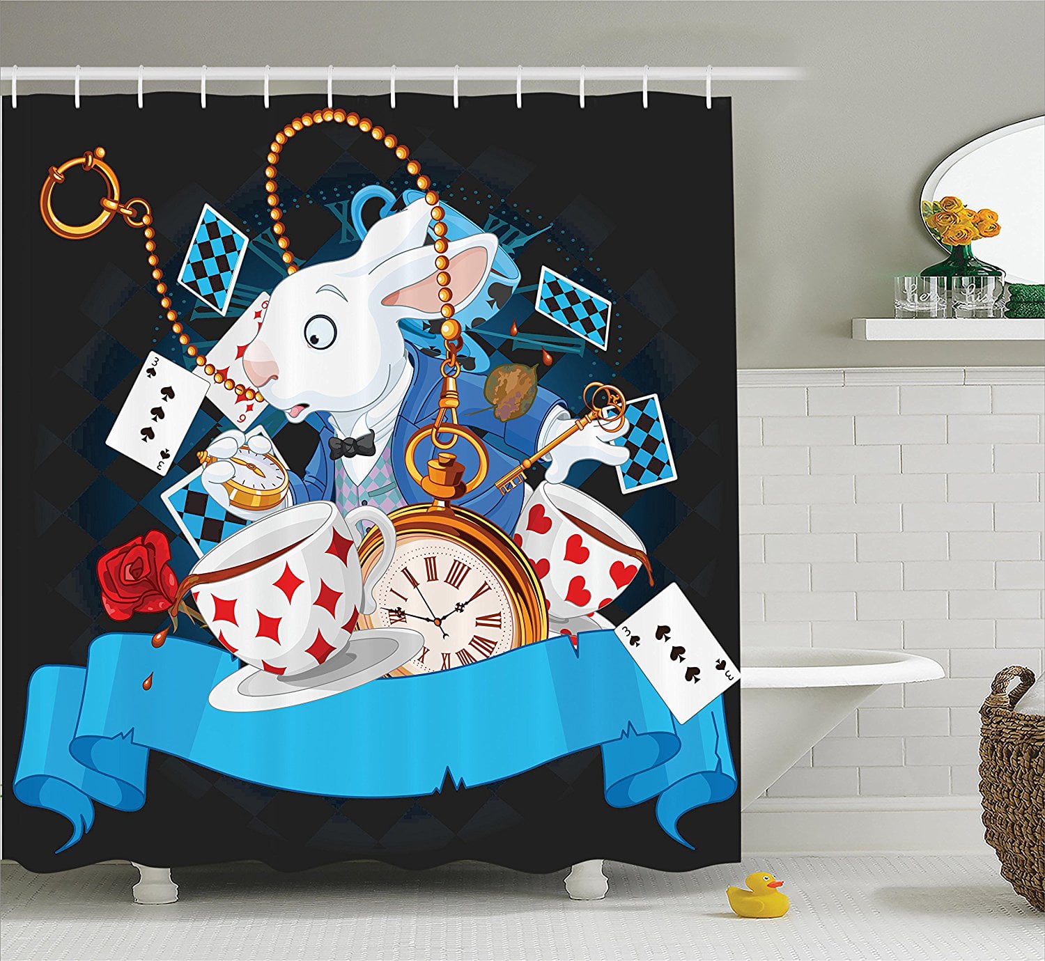 Alice in Wonderland Pattern Shower Curtain Fabric Decor Set with Hooks 4 Sizes 