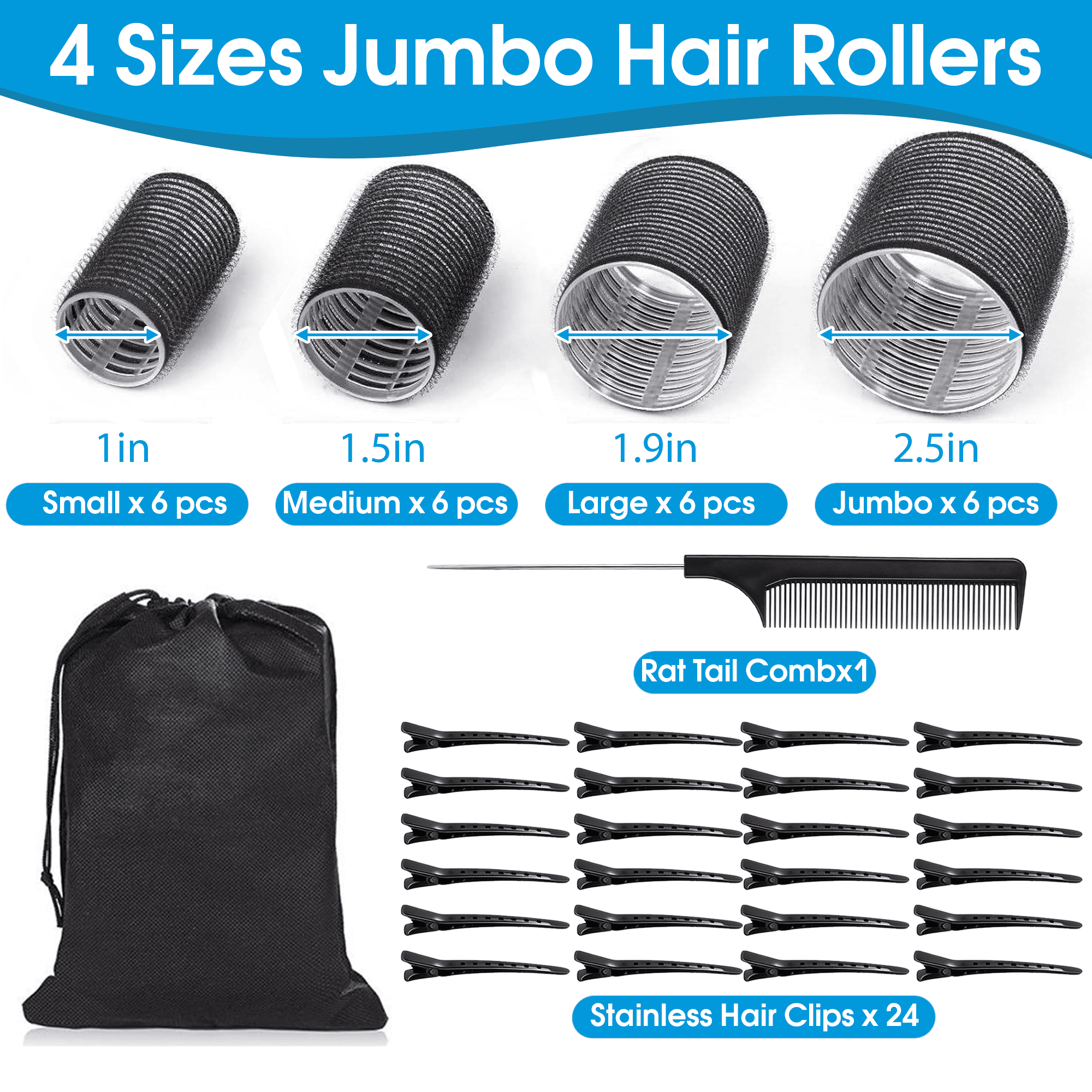 cisilov Self Grip Velcro Hair Rollers for Women, 4 Sizes Curlers for Long Short Hair with Hair Roller Clips, Comb & Storage Bag, Black