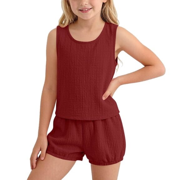 PInxia Summer Unisex Clothes for Kids Round Neck Sleeveless Tank Tops Elastic Waisted Shorts Casual Vacation Outfits,Wine,1-2Years
