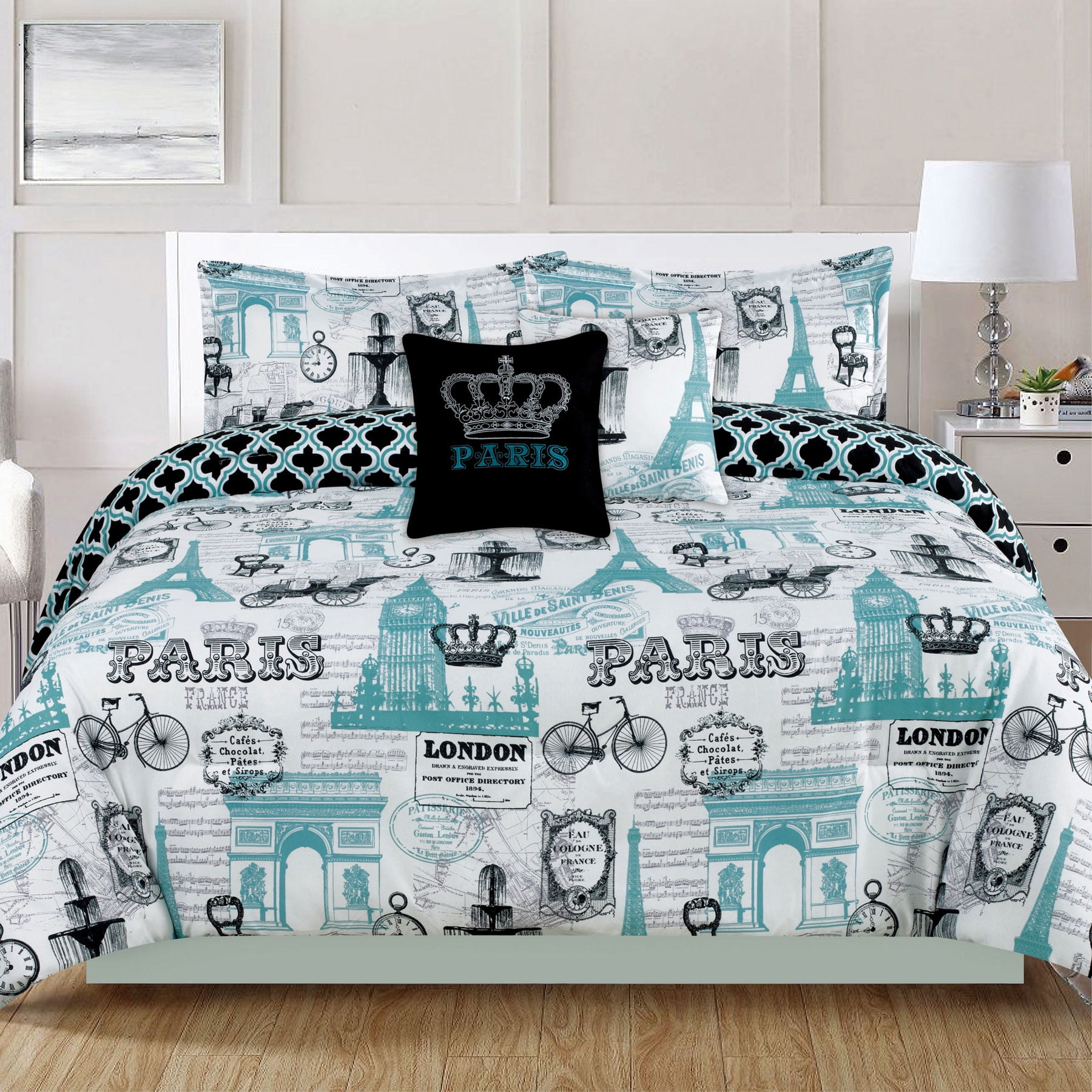 Bedding Queen 5 Piece Girls Comforter Bed Set, Paris Eiffel Tower London,  Teal Blue