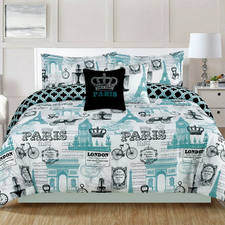 Bedding Twin 4 Piece Girls Comforter Bed Set, Paris Eiffel Tower London, Teal Blue