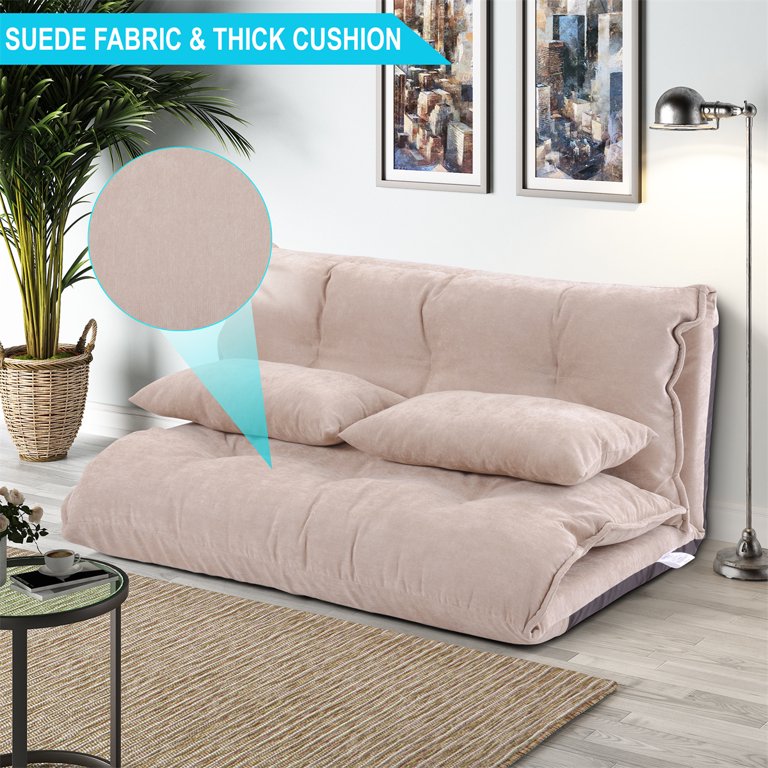 Lazy Sofa with 2 Pillows, Folding Futon Sofa with 5 Adjustable Position, 3  In 1 Upholstered Floor Sofa with Metal Frame, Video Gaming Sofa for Living