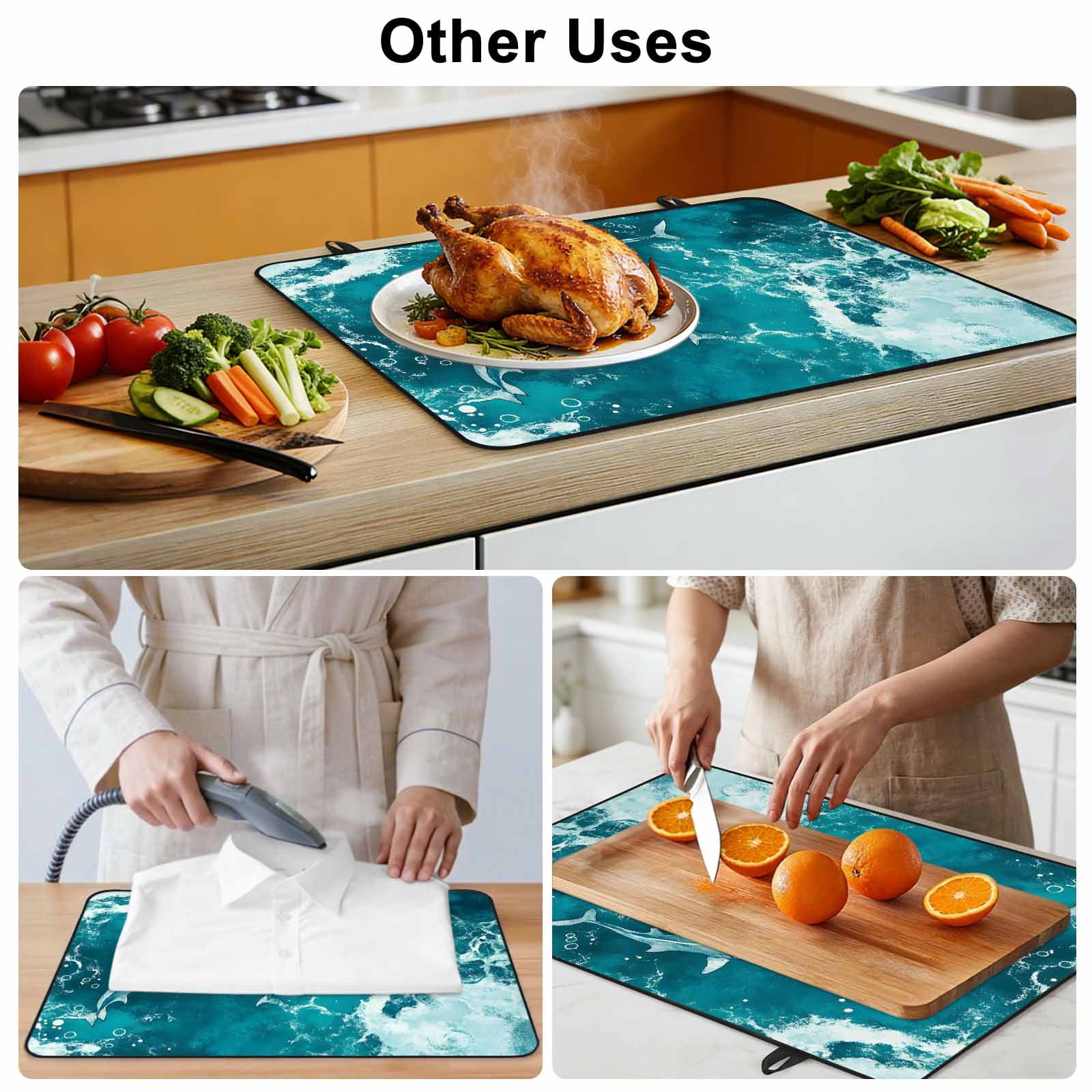 Teal Green Ocean Shark Stove Top Cover for Electric Stove, Heat-proof & Non Slip Glass Top Stove Cover Protector, Coastal Wave Summer Beach Kitchen Flat Cooktop Rubber Mat 24x21 Inches