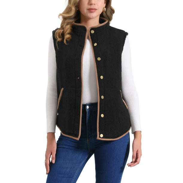 Chaleco de forro polar para mujer INSPIRE CHIC con bolsillos, sin mangas, abotonado, moda de otoño e invierno 2024, chaleco suave S negro