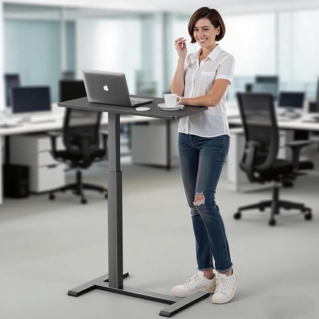 JessieMal Mobile Standing Desk with Wheels,Pneumatic Laptop Desk Height Adjustable,Rolling Teacher Overbed Bedside Table for Home,Office,Classroom,Black