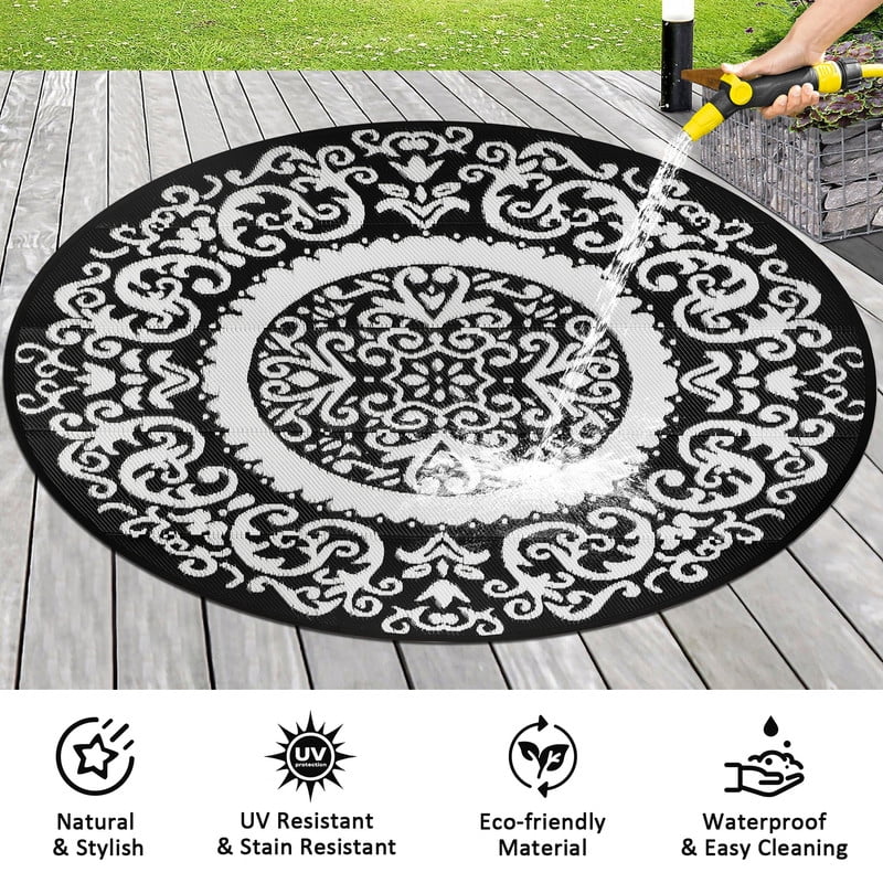 Aonewoe Round Outdoor Rugs 6Ft Waterproof Patio Plastic Straw Rug Reversible Camping Carpet Indoor Outdoor Area Rug for Patio,Deck,Balcony,Picnic,Beach,Outside