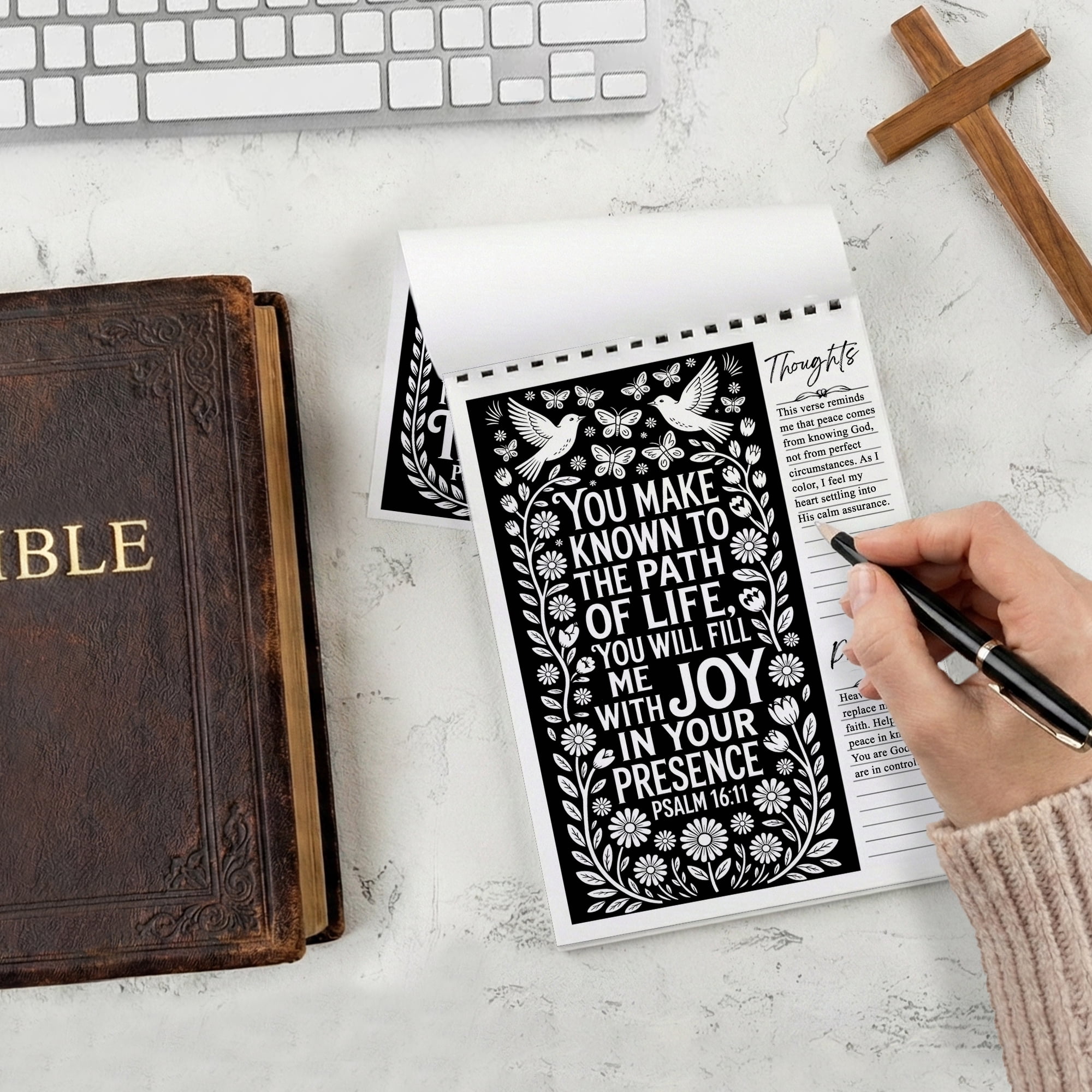 Psalms Monochrome Coloring Book for Adults, 30 Minimalist Scripture Art Pages with Reflection & Prayer Space, Spiral Bound, A4 or A5 Softcover or Wood Cover