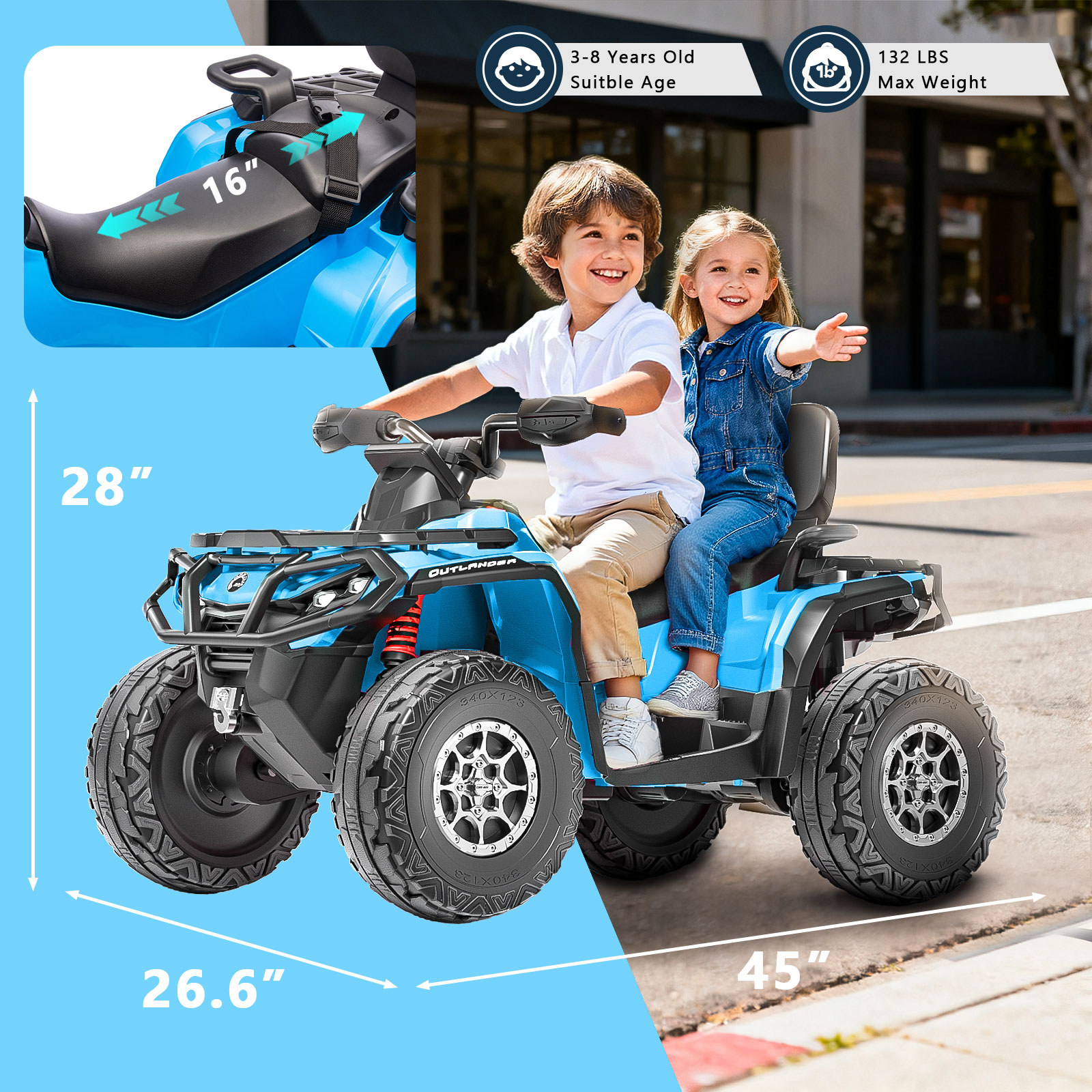 Kerry Yoo SAT5 24V Kids ATV, Licensed Can-am 4 Wheeler for Kids, Children Electric Car, 2 Seats, Parental Handle, Suspension, Safety Belt, Music-Blue