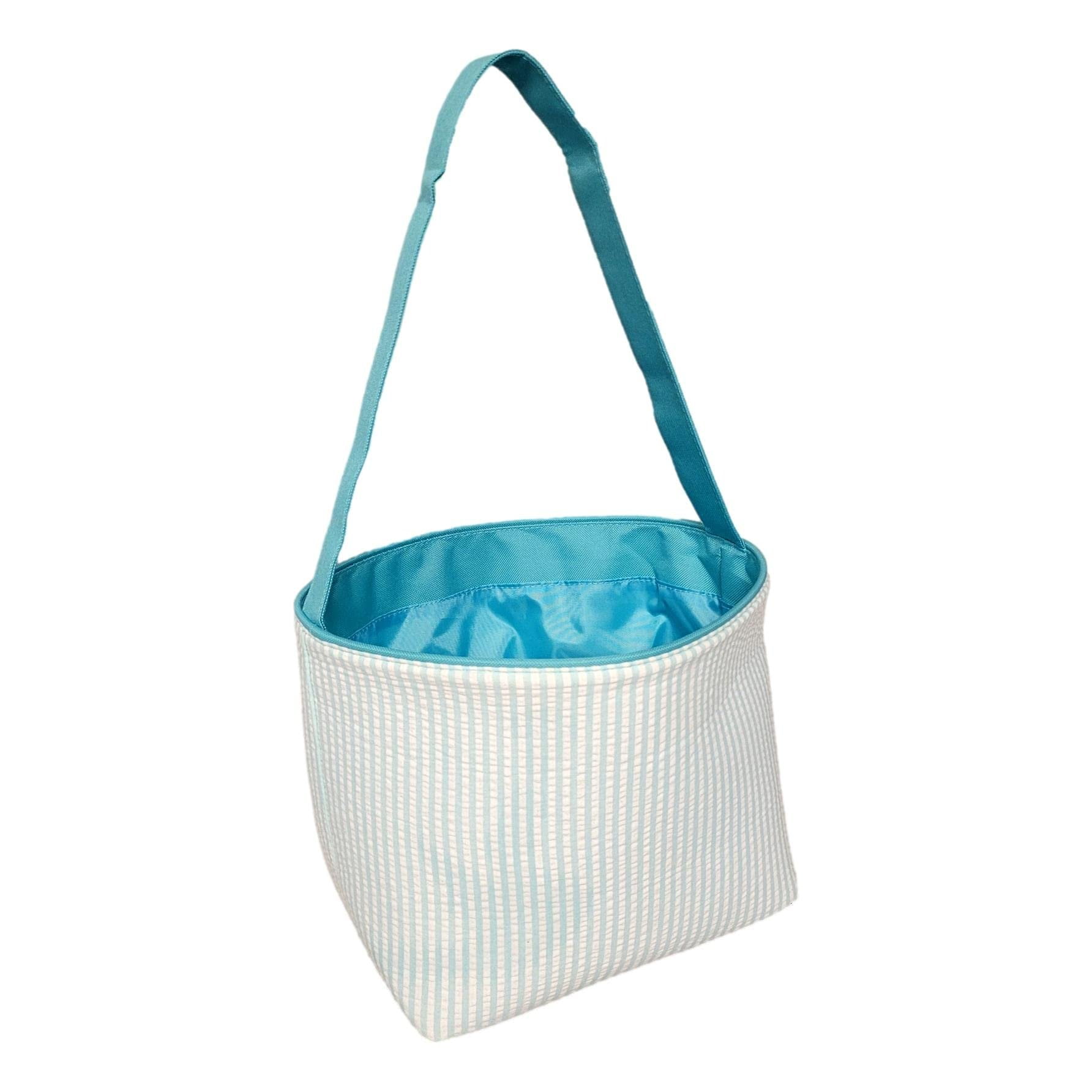 SONA G DESIGNS Seersucker Stripe Fabric Easter Basket Bucket Tote Bag - Toys Egg Collecting Aqua
