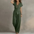 thumbnail image 7 of Hxshgdsn Dress Casual Sets for Womens Wrap Tie Waist Short Sleeve Top Wide Leg Long Pants 2 Piece Vacation Daily（Army Green/2XL）, 7 of 7
