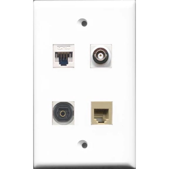 RiteAV - 1 Port Phone RJ11 RJ12 Beige and 1 Port Toslink and 1 Port BNC and 1 Port Cat5e Ethernet White Wall Plate