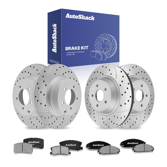AutoShack Front Vented & Rear Solid Drilled & Slotted Coated Brake Rotors Silver Matte Finish   Ceramic Pads 12-PC Brake Kit Replacement for 2013-2014 Chrysler 200 2013 Dodge Avenger TurboGuard