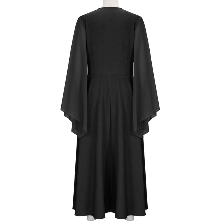 DDAPJ pyju Renaissance Dress Women Bell Sleeve Medieval Fairy Dresses Witch Costume Lace Up Maxi Dress Flowy Chiffon Dresses Mesh Halloween Costumes Dress Black XL