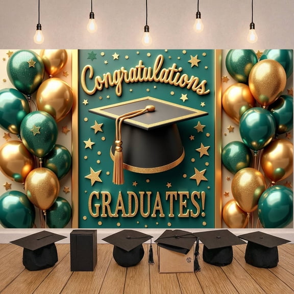 Gold Star Graduation Banner Green Background Graduation Display Graduation Cap Design Balloon Decor Graduation Backdrop for Graduation Ceremony Grad Party Photo Backdrop