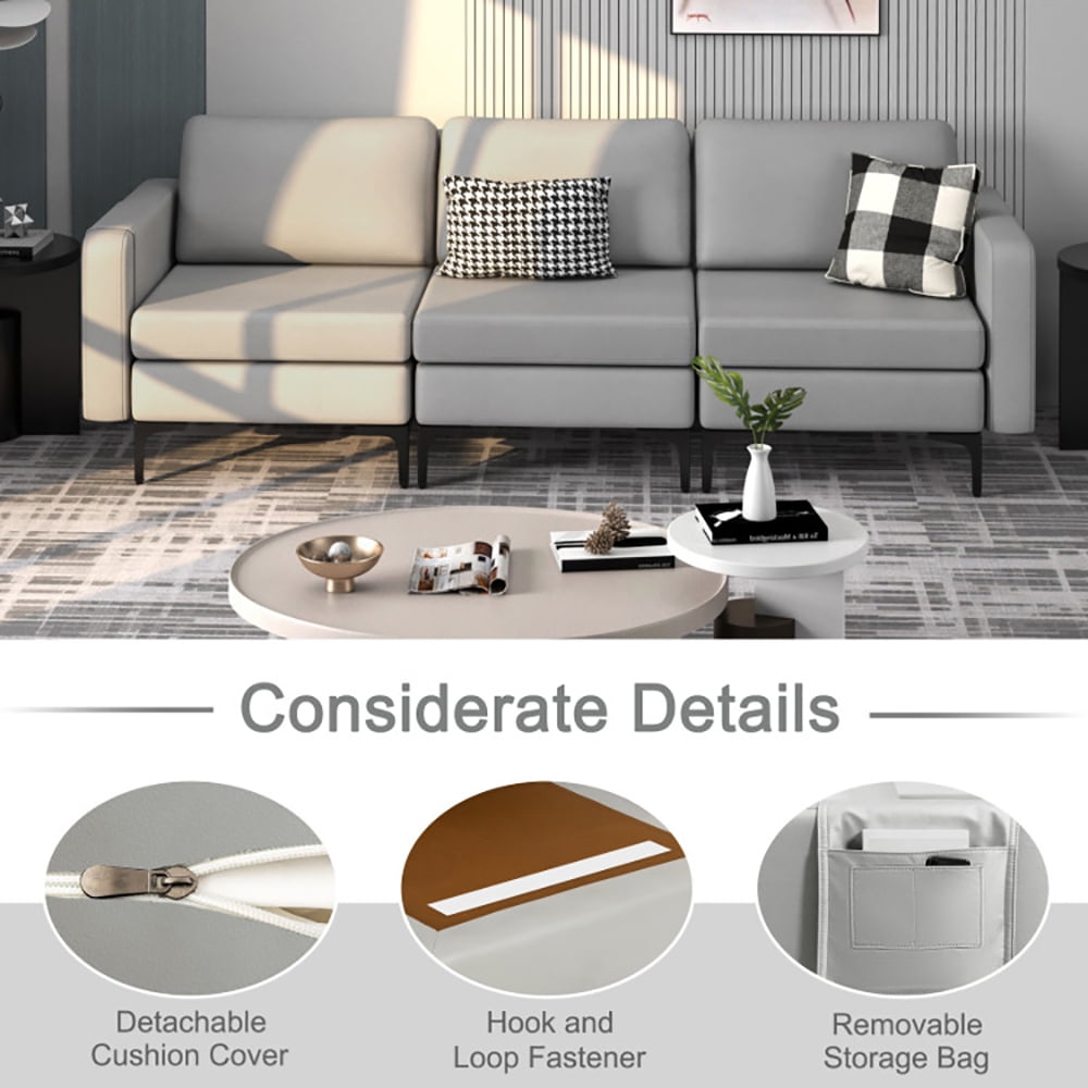Finihen Leather Sofa, 3-Seat Sofa, Convertible Leather Sofa Couch with Magazine Pockets 3-Seat with 2 USB Port, for Living Room, Bedroom, Light Gray Finihen Leather Sofa, 3-Seat Sofa, Convertible Leather Sofa Couch with Magazine Pockets 3-Seat with 2 USB Port, for Living Room, Bedroom, Light Gray