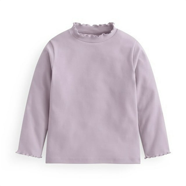 Girls High Neck Long Sleeve Shirt Stretch Cotton Ruffle Collar Lace Trim Casual Layering Essential 2-14Y