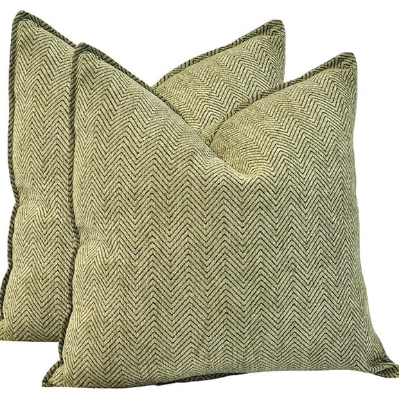 18x18 Pillow Covers Set of 2 Olive Green Chevron Pattern / Soft Cozy Chenille Cushion Covers
