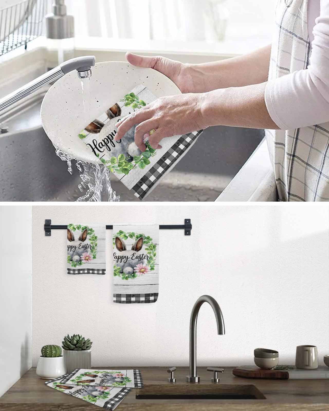 Easter Kitchen Dish Towels for Drying Dishes Set of 3, Spring Watercolor Bunny Flower Leaf Grey Wood Grain Waffle Weave Microfiber Hand Tea Bathroom Towels Quick Dry & Absorbent Towel 12x12