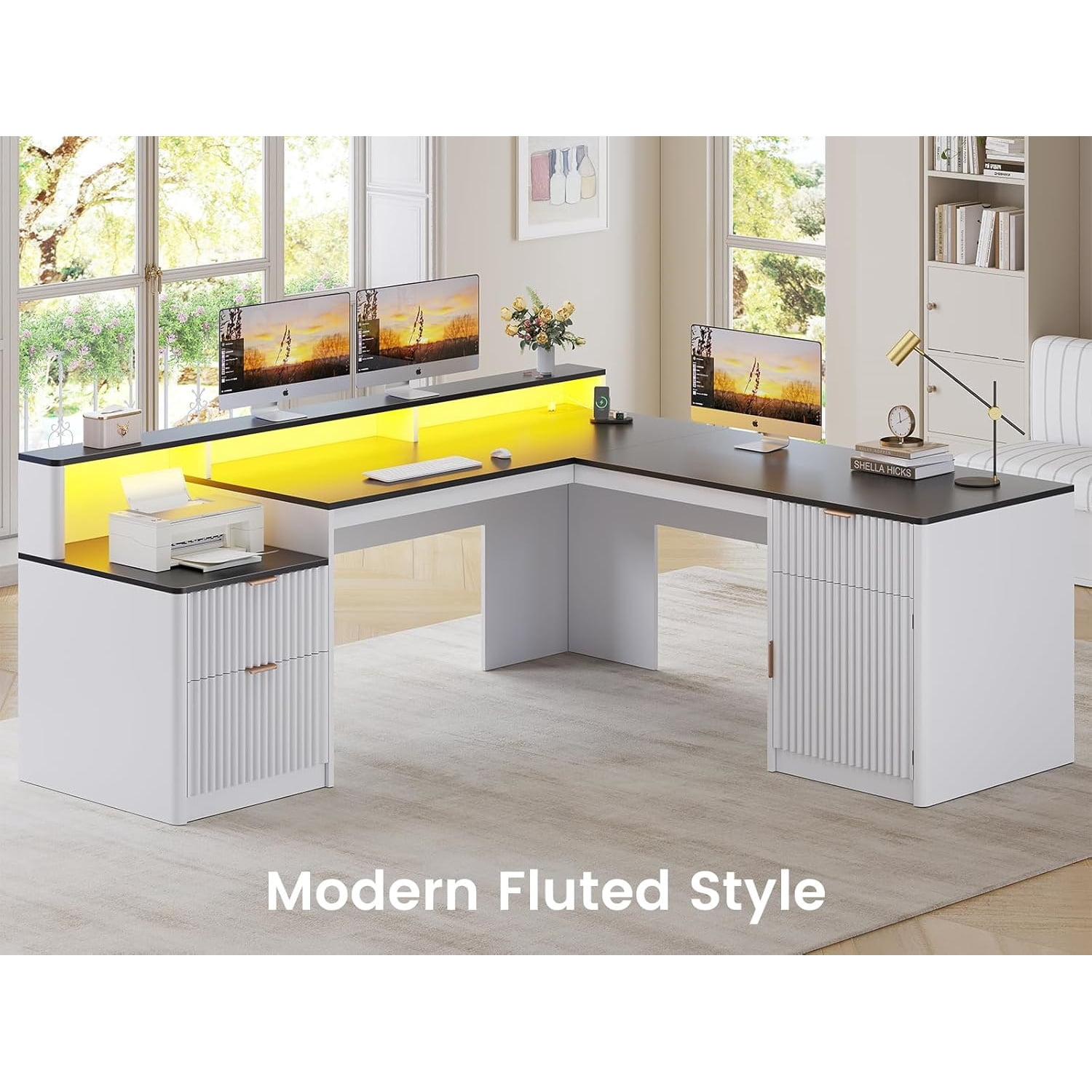 66" Fluted Home Office Desk with Storage, L Shaped Desk with Power Outlets & Monitor Stand, Wood Computer Desk with Drawers & Cabinet, Corner Desk with LED Lights for Bedroom, White
