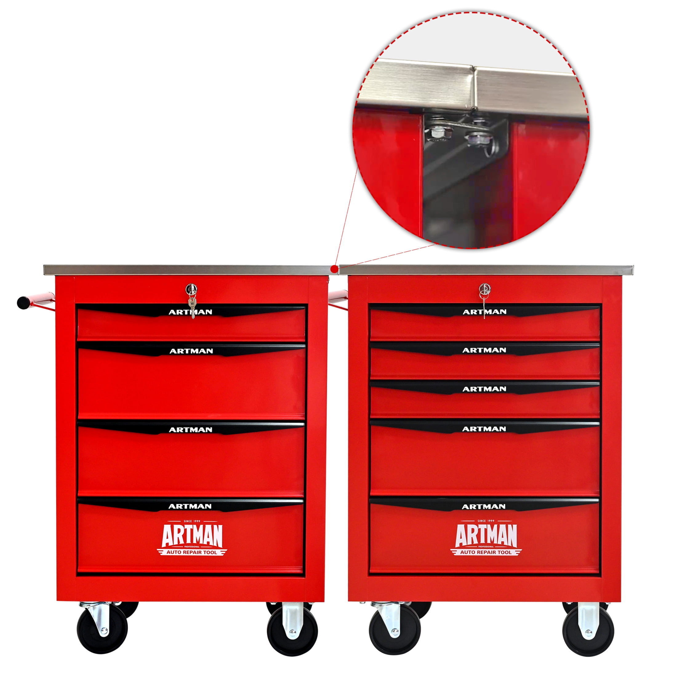 Noble House 5-Drawer Rolling Tool Organizer Cart, Steel Mobile Chest Storage with Worktop for Garage Workshop, Red