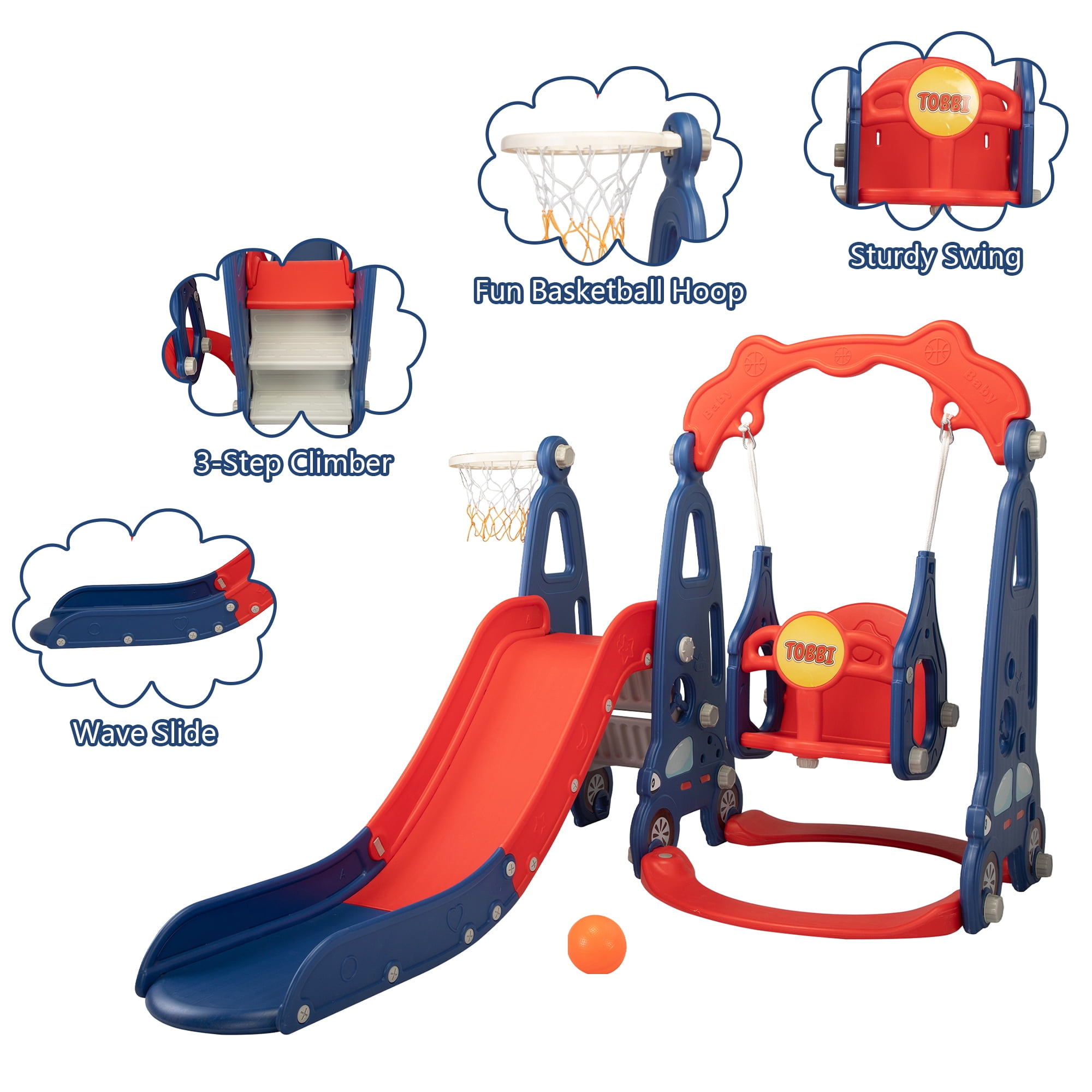 Nyeekoy 4 in 1 Toddler Climber and Swing Set, Play Climber Freestanding Slides Playset for Kids, Indoor Outdoor Playground Toy with Basketball Hoop & Ball