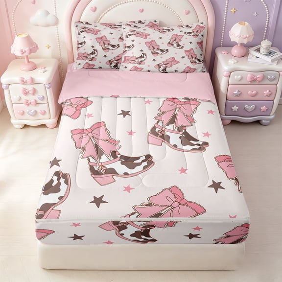 Erosebridal Cowgirl Boot Zipper Twin Comforter Sets with Fitted Sheet and 2 Pillowcases,Kawaii Stars Zipper Bedding Set,Pink Reversible,4pcs