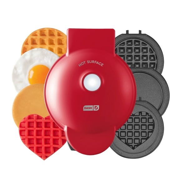 Dash Système Mini Multimaker – Gaufrier Avec Cinq Plaques Amovibles De 10 Cm : Gaufrier Et Plaque De Cuisson, Mini Gaufrier 4-En-1 Pour Enfants Et Familles, Rouge