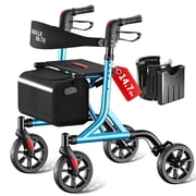 WalkMate Rollator Walker for Seniors with Cup Holder, Upgraded Thumb Press Button for Height Adjustment, 8" Wheels Folding Lightweight Walking Aid with Seat Padded Backrest, Blue