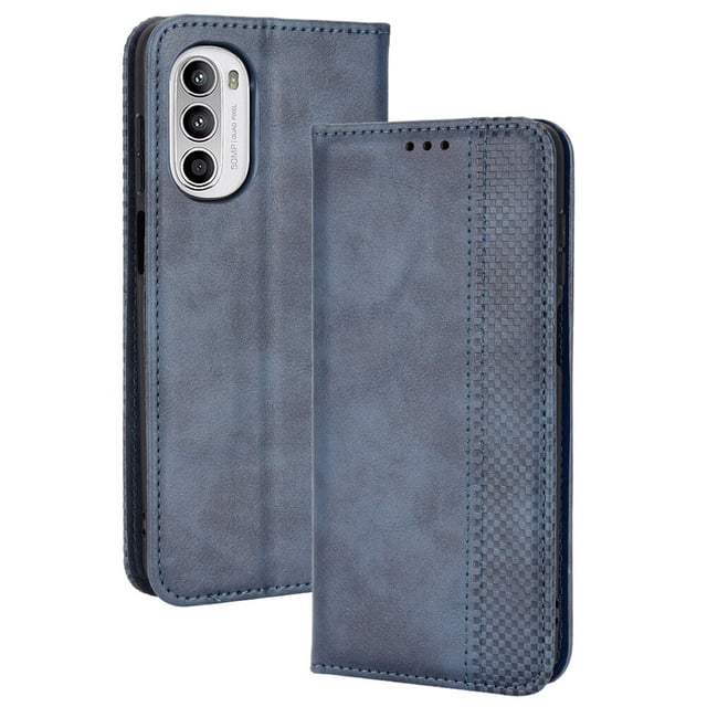 Compatible with Motorola Moto G82 5G Case Magnetic Closure Vintage Pattern PU Leather Wallet Cover with Card Slots-Blue