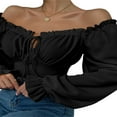 thumbnail image 4 of Women Crop Tops  Long Sleeve Ruffled Drawstring Casual Party Street Spring Summer Shirt, 4 of 7
