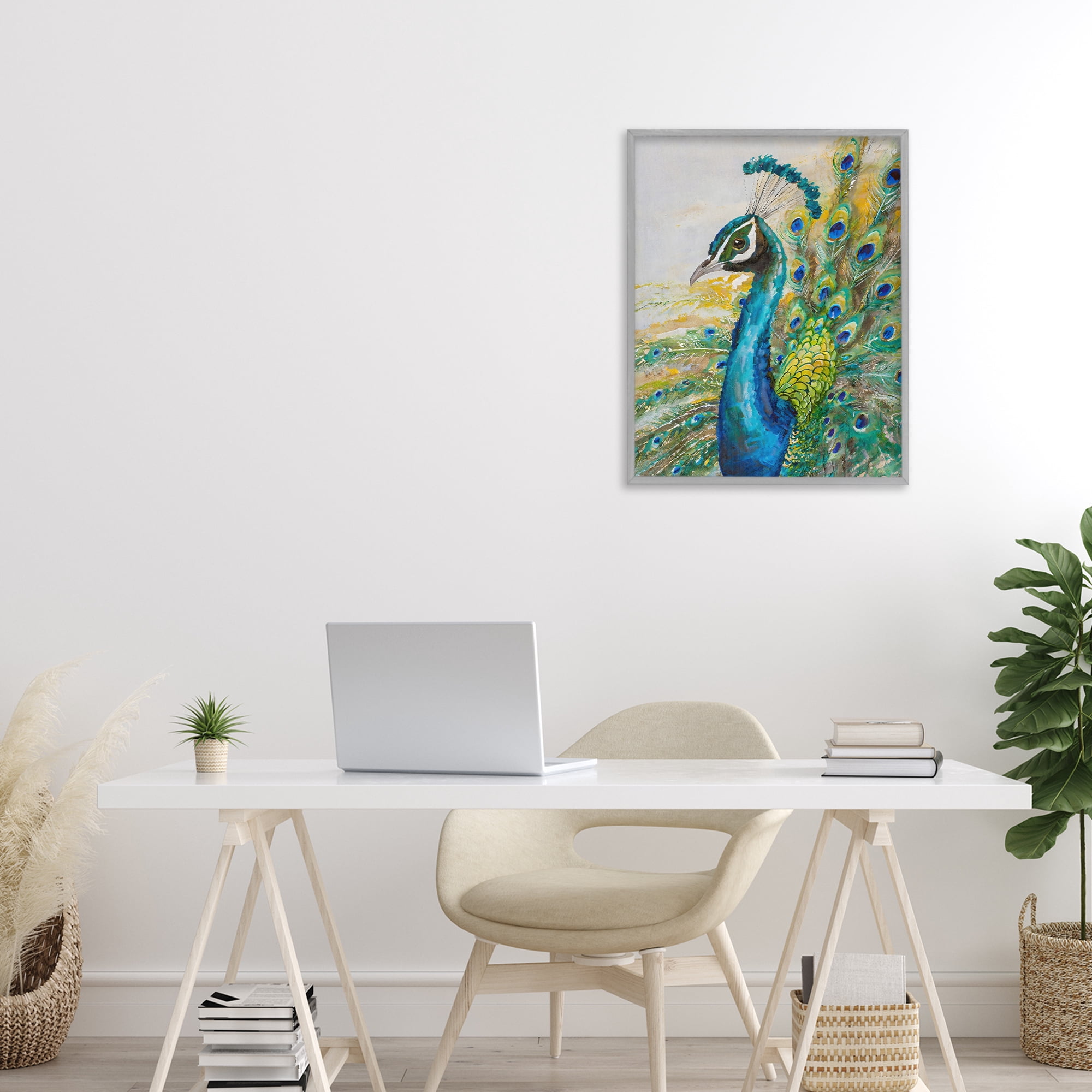 Stupell Industries Regal Blue Peacock Feathers Gray Framed Giclee Art, design by Creative Studio