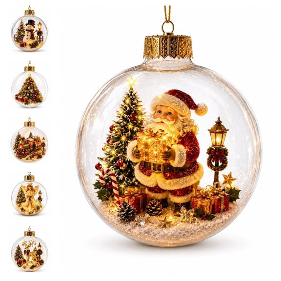 BZPIZ Lighted Christmas Ornament Ball, Mini Snow Globe Scene Hanging Decoration with LED Lights, Christmas Tree Ornament Featuring Santa Snowman Reindeer Train, Holiday Home Decor Collectible Gift