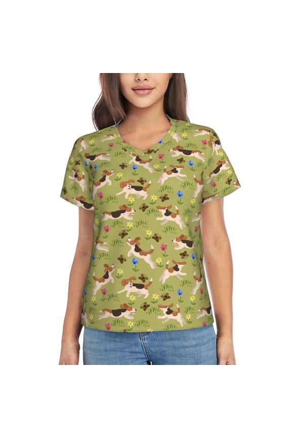 Running Beagle Women Shirts V Neck Short Sleeve Tops T-Shirt Basic Tees, S to 3XLSmall