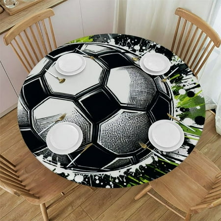 PIKWEEK Retro Soccer Round Fitted Tablecloth Fitted Table Cloth for Round Table Waterproof Wipeable Round Elastic Table Cloth Circular Table Cover with Elastic Edge
