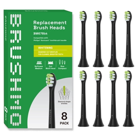 Brushmo Whitening Compact Replacement Toothbrush Heads Compatible with Philips Sonicare Click-on Handles Medium-Firm Diamond-Shaped DuPont Bristles BM678BK 8-Pack Black