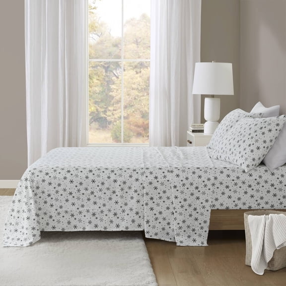 4-Piece King 100% Cotton Flannel Printed Sheet Set,Black Snowflakes