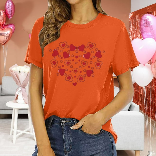 Chemises à Col Rond pour Femmes Manches Courtes Mode Imprimé Cœur T-Shirt Ample Léger Confortable Blouses Douces Chandail Tenues Orange P