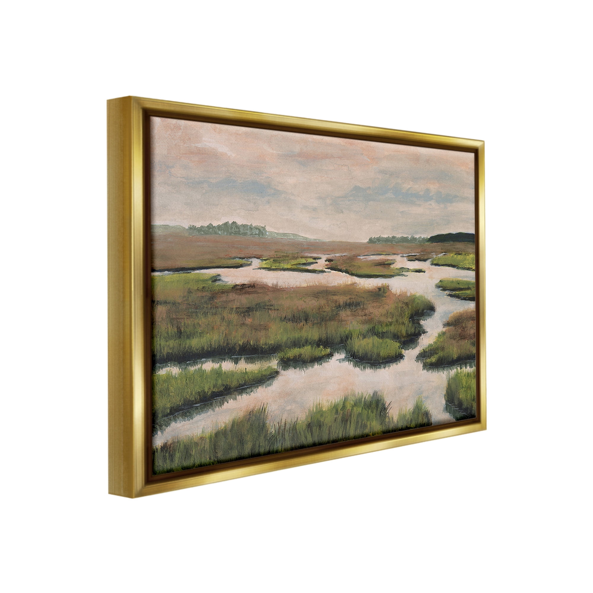Stupell Industries Asymmetrical Stream Nature Landscape Painting Gold Floater Framed Canvas Art Print Wall Art, 21 x 17