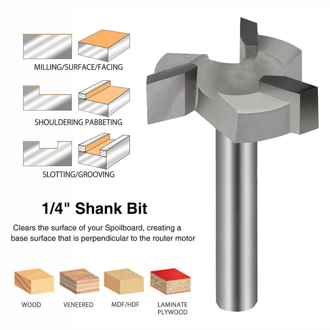 1x New CNC Spoilboard Surfacing Router Bit 1/4-Inch Shank Durable Carbide Tipped 