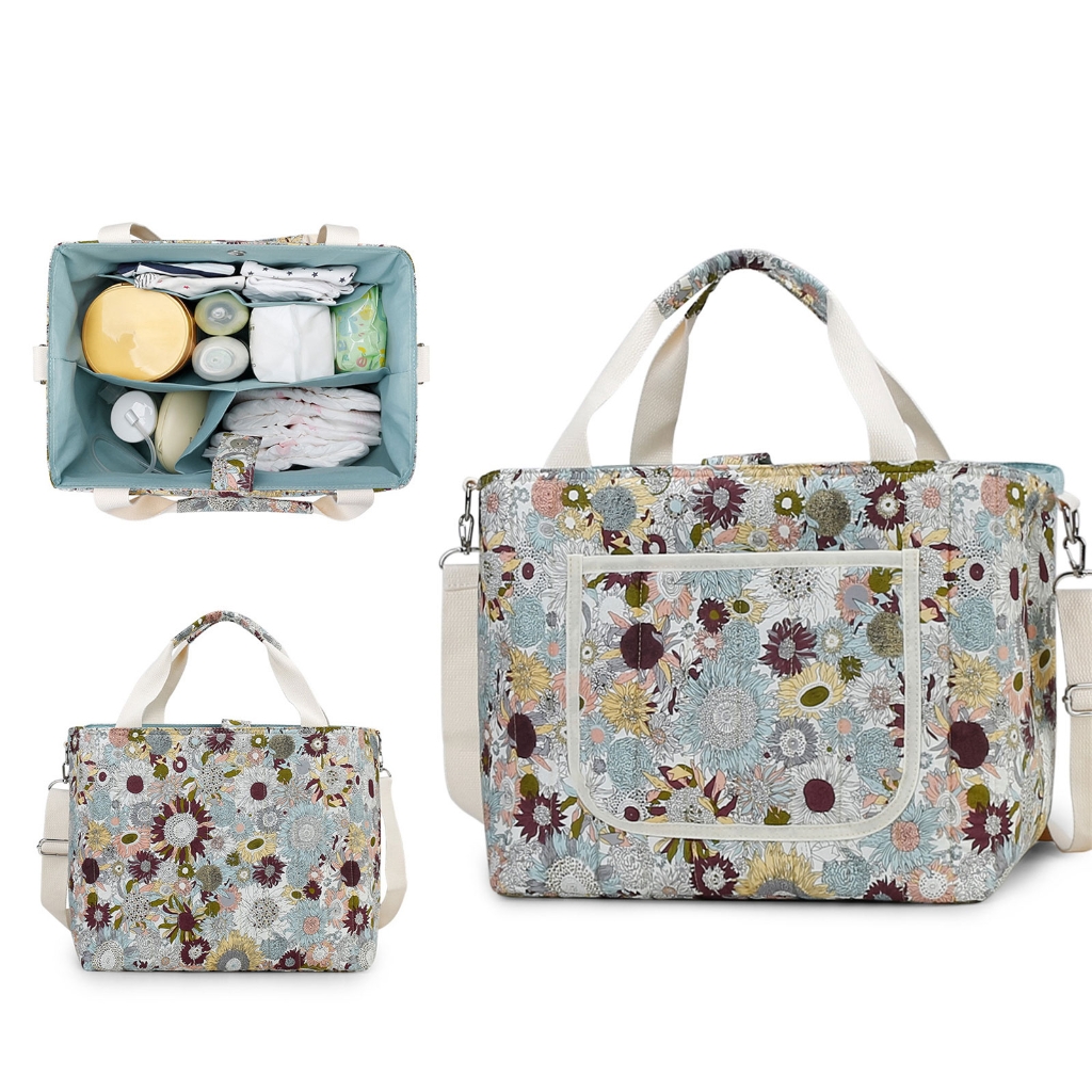 Jesscasday Mom Bag with Flower Pattern Large Capacity Women Diaper Bag Shoulder Bag Handbag Multiple Compartment Splashproof Bag