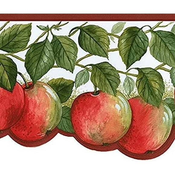 Concord Wallcoverings Wallpaper Border Kitchen Pattern Apples Leaves for Dining Area, Red Green White, 6.75 Inches x 15 Feet BG76311N
