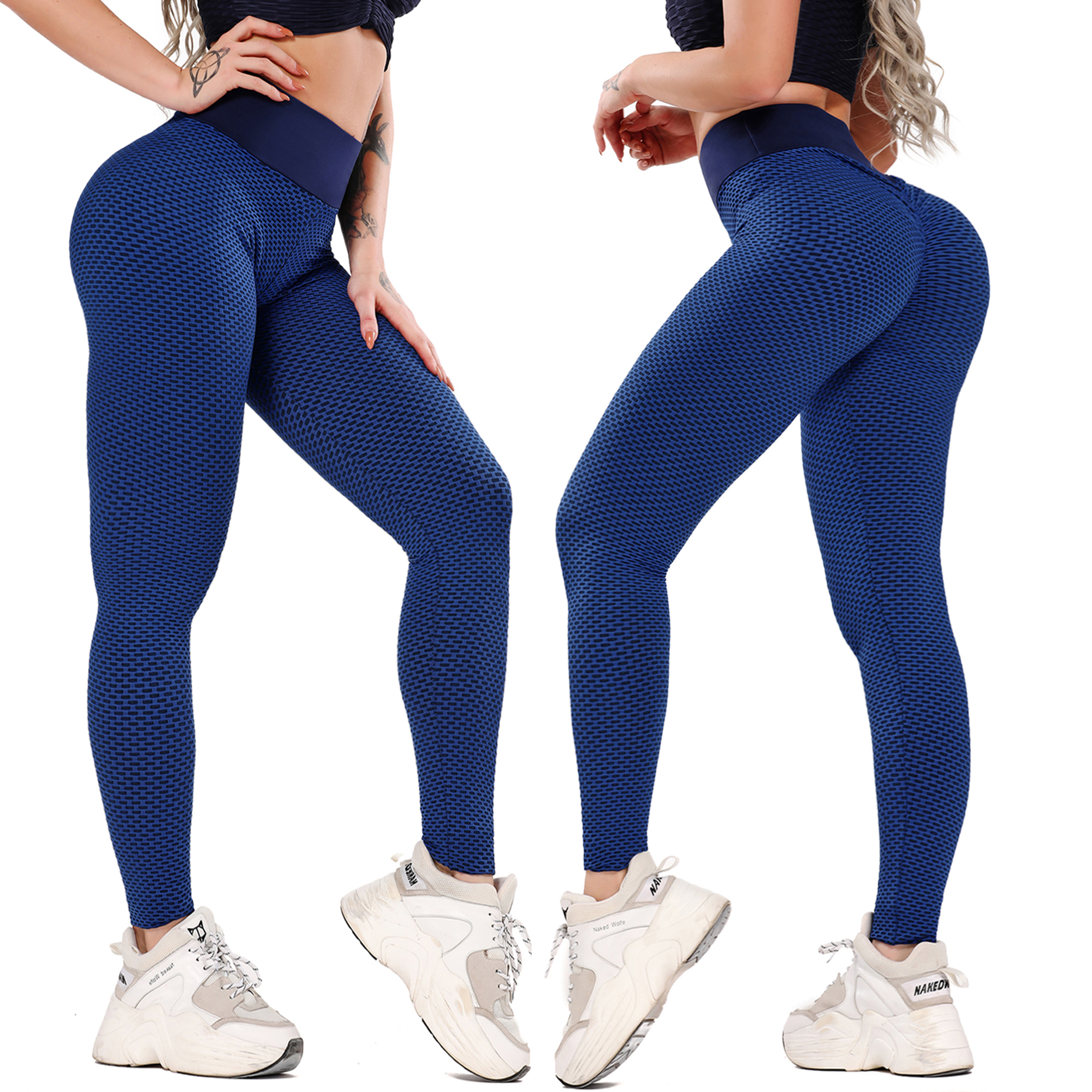 Fittoo Sexy Women Booty Yoga Pants High Waisted Honeycomb Ruched Butt Lift Textured Tummy