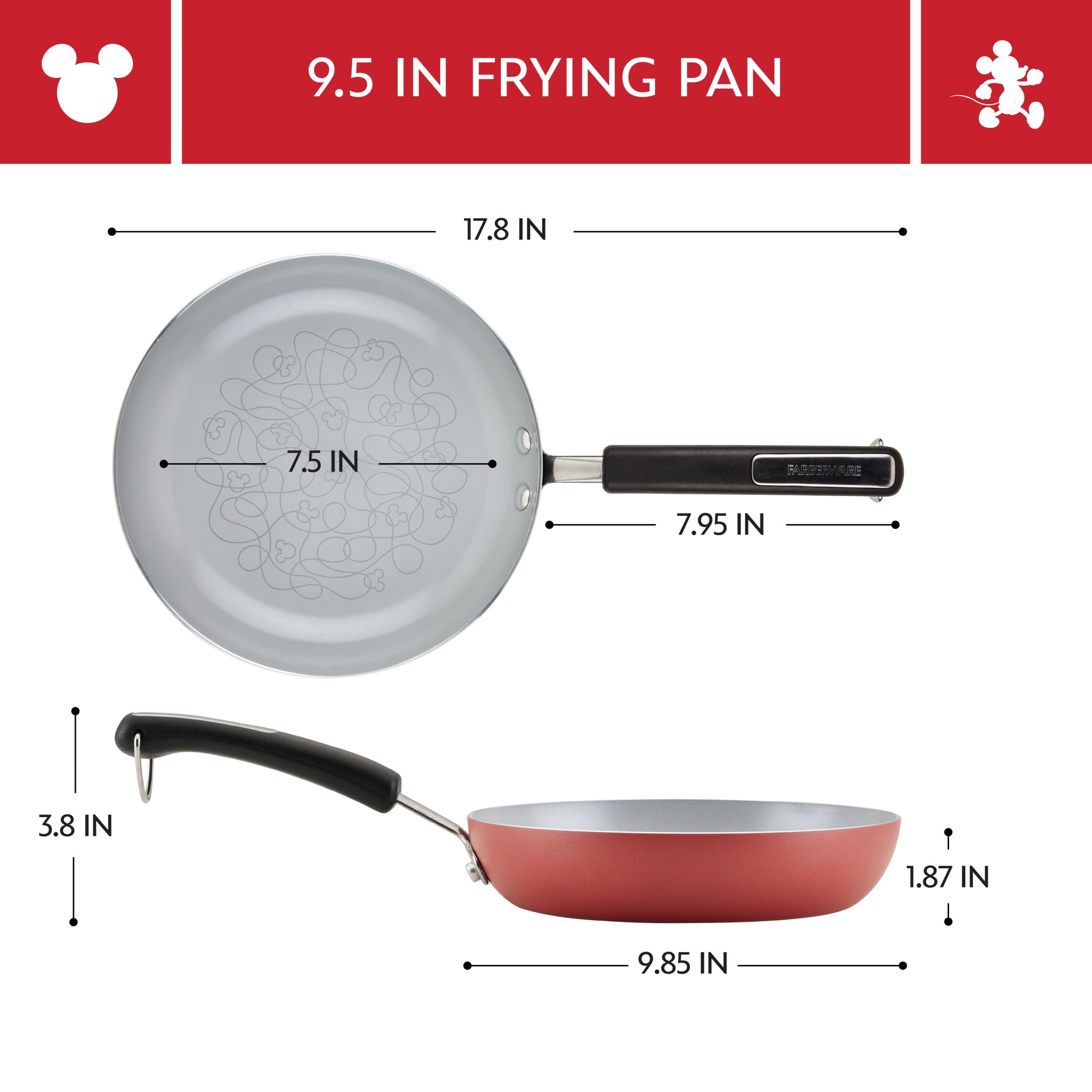 Farberware Disney Bon Voyage 9.5 Inch Ceramic Nonstick Frying Pan / Skillet, Dishwasher Safe, Red