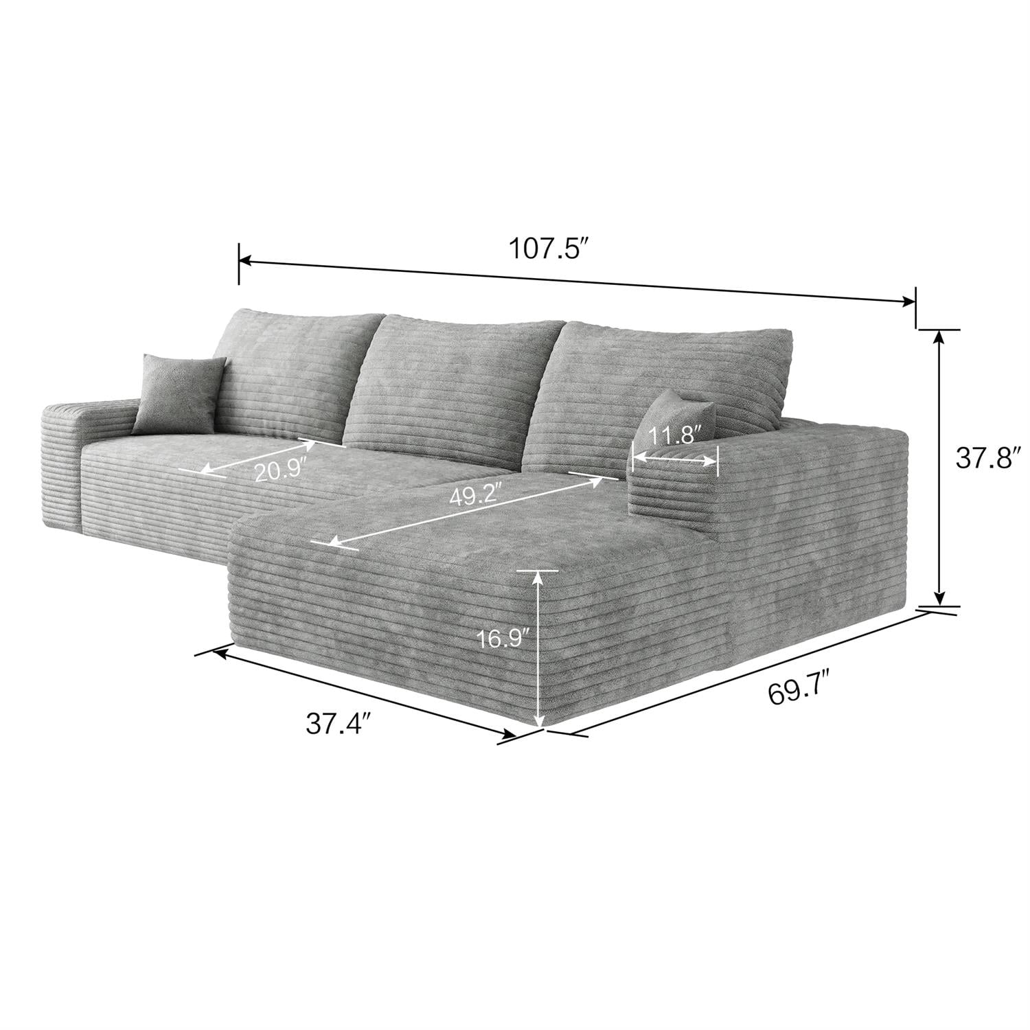 Demi Bonn Modern 107" Cloud Sectional Sofa, L-Shape Chaise, Deep Seat Modular Couch for Living Room & Bedroom, No Assembly Needed, Gray
