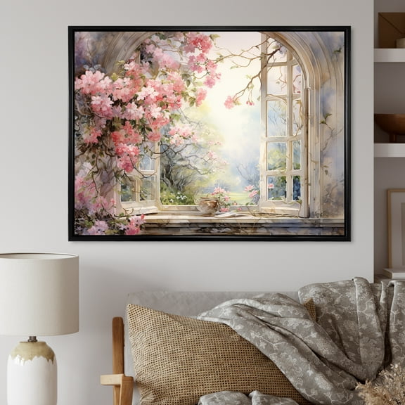 Designart "Gazing through Country Window at Pink Blossoms I" Floral Framed Wall Art - Traditional Pink Window Bedroom Framed Canvas Wall Art