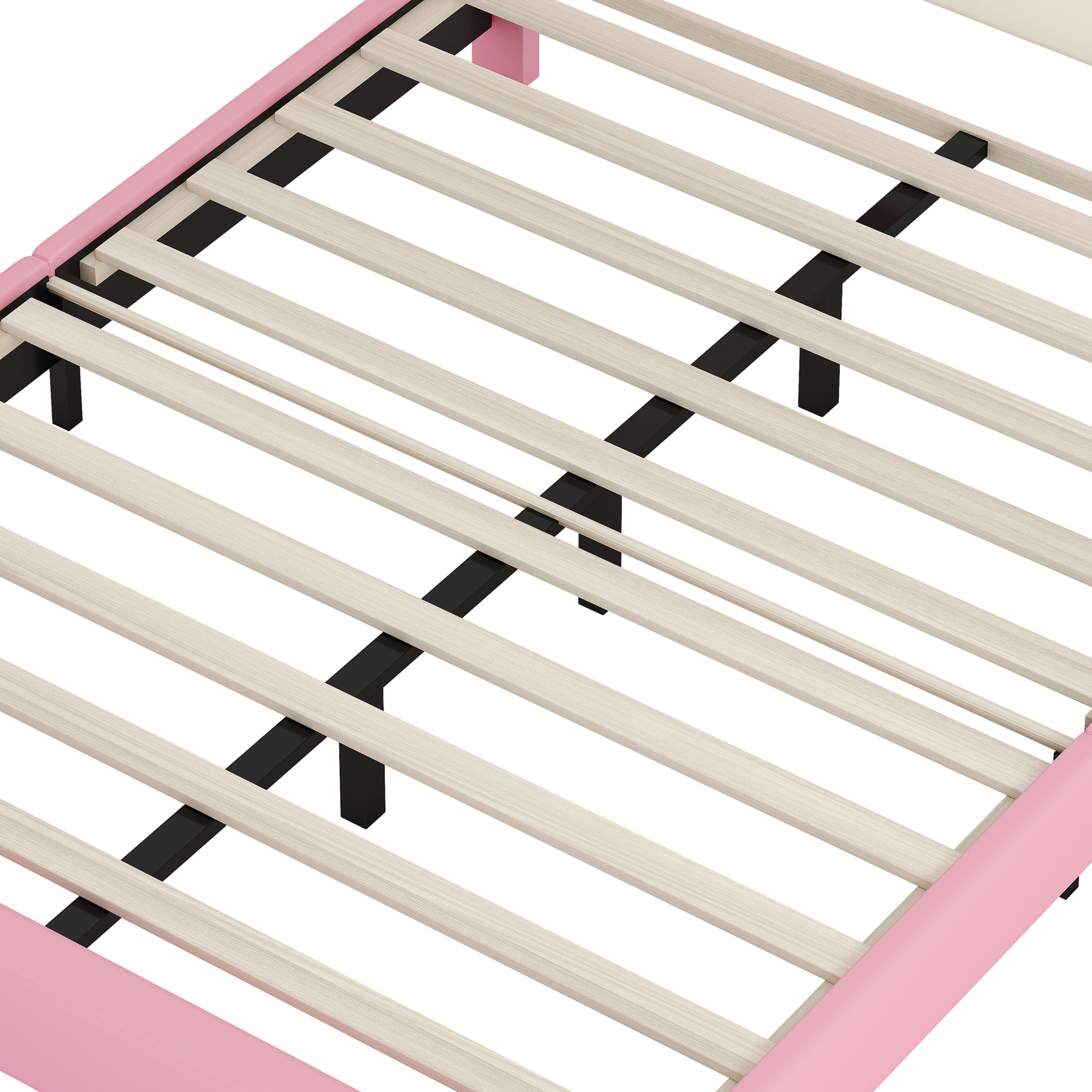 Noble House Full Size Upholstered Princess Bed with Crown Headboard, Fairy-Tale Platform Bed, Cream + Pink