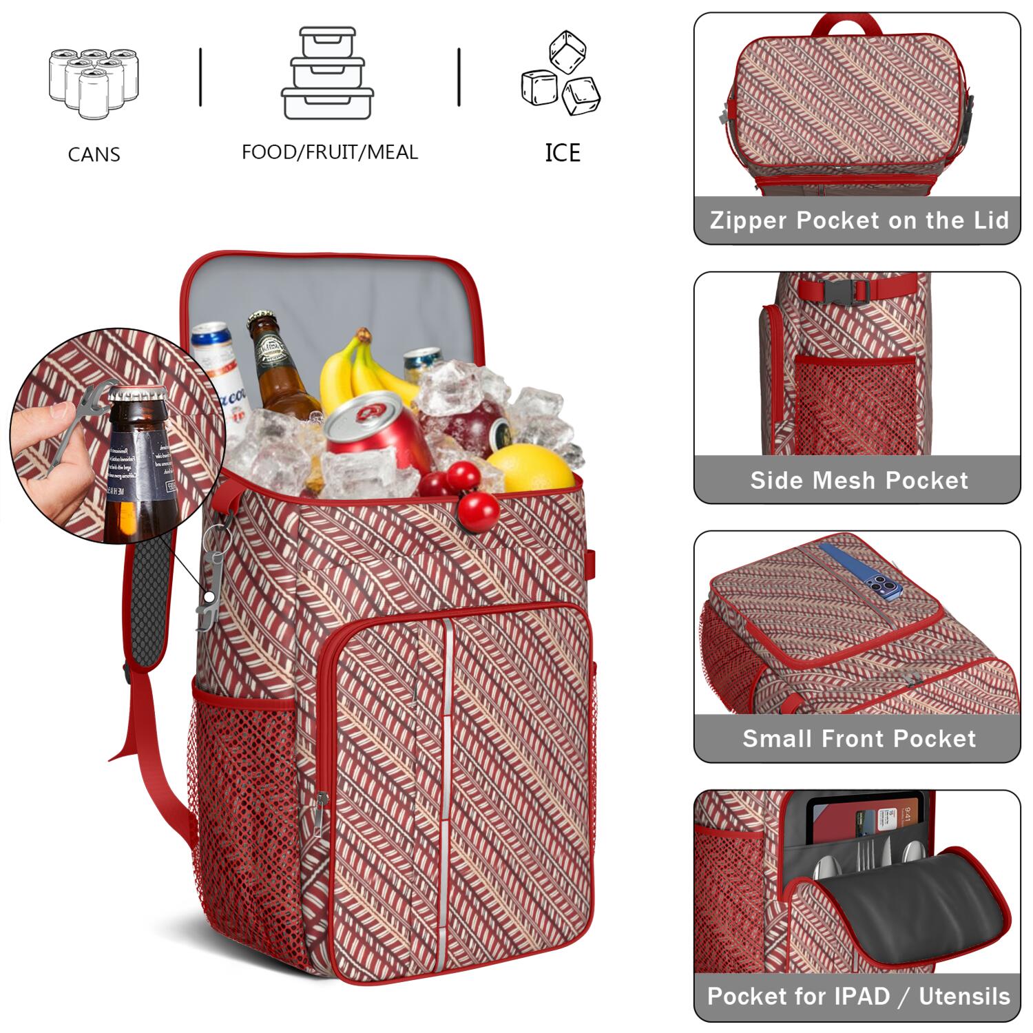 Travel Cooler Bag - Red Christmas Striped Pattern Camping Beer Cooler Backpack with Bottle Opener- Waterproof Insulated Picnic Backpacks - Cooler Bag for Beach