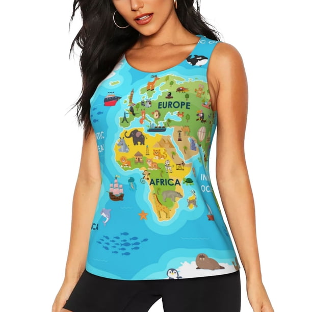 Balery World Map With Animals Landmarks Camiseta sin mangas estampada ligera para mujer, tops de entrenamiento sin mangas, camisetas de yoga transpirables de secado rápido.-Large