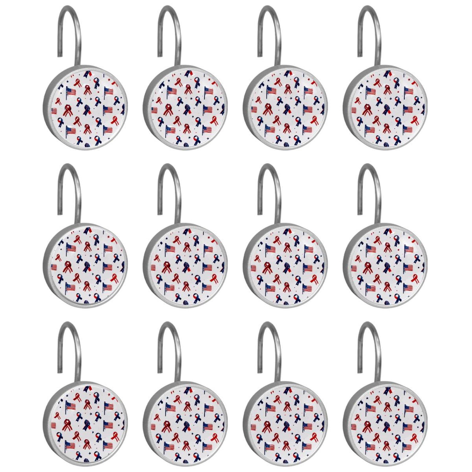 12pcs Decorative Shower Curtain Hooks, Rust Resistant Shower Rings for Bathroom Living Room,Rustproof Stainless Steel Rings for Shower Curtain and Liner Rods,4th of July Bows Flags